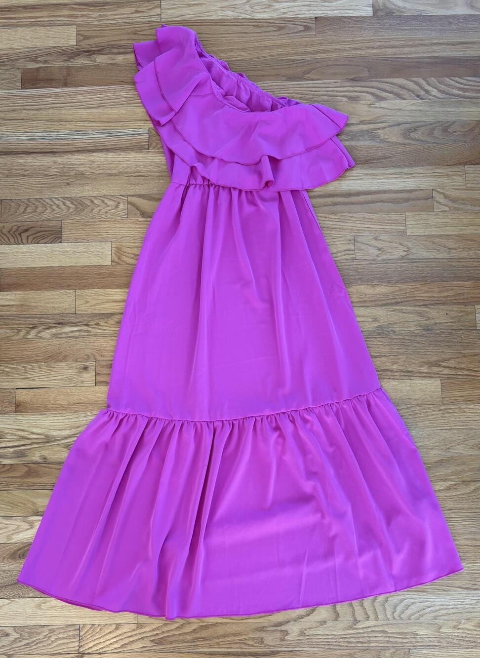 EMERY ROSE Dress Womens Medium Pink One Shoulder Ruffle Tiered Maxi